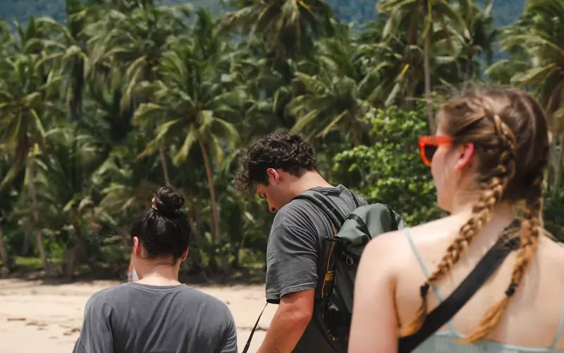 Grupo de jóvenes caminando por playa tropical rodeada de palmeras.